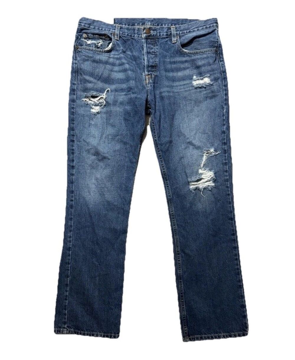 Hollister Jeans Mens 36x32 Blue Distressed Straight Leg Button Fly Denim